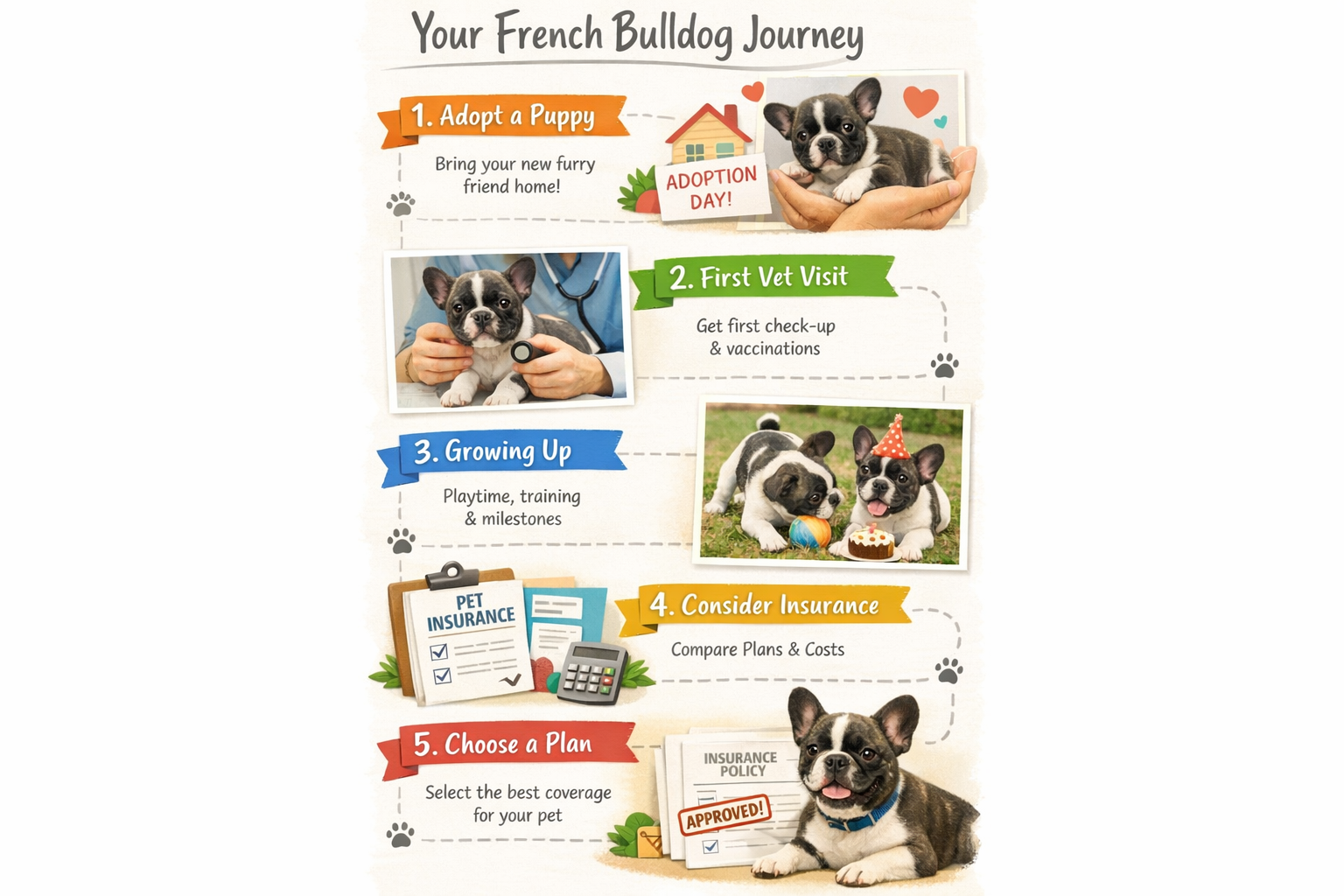 Portrait format (1024x1536) step-by-step visual guide showing French Bulldog owner journey from puppy adoption to insurance selection. Timel