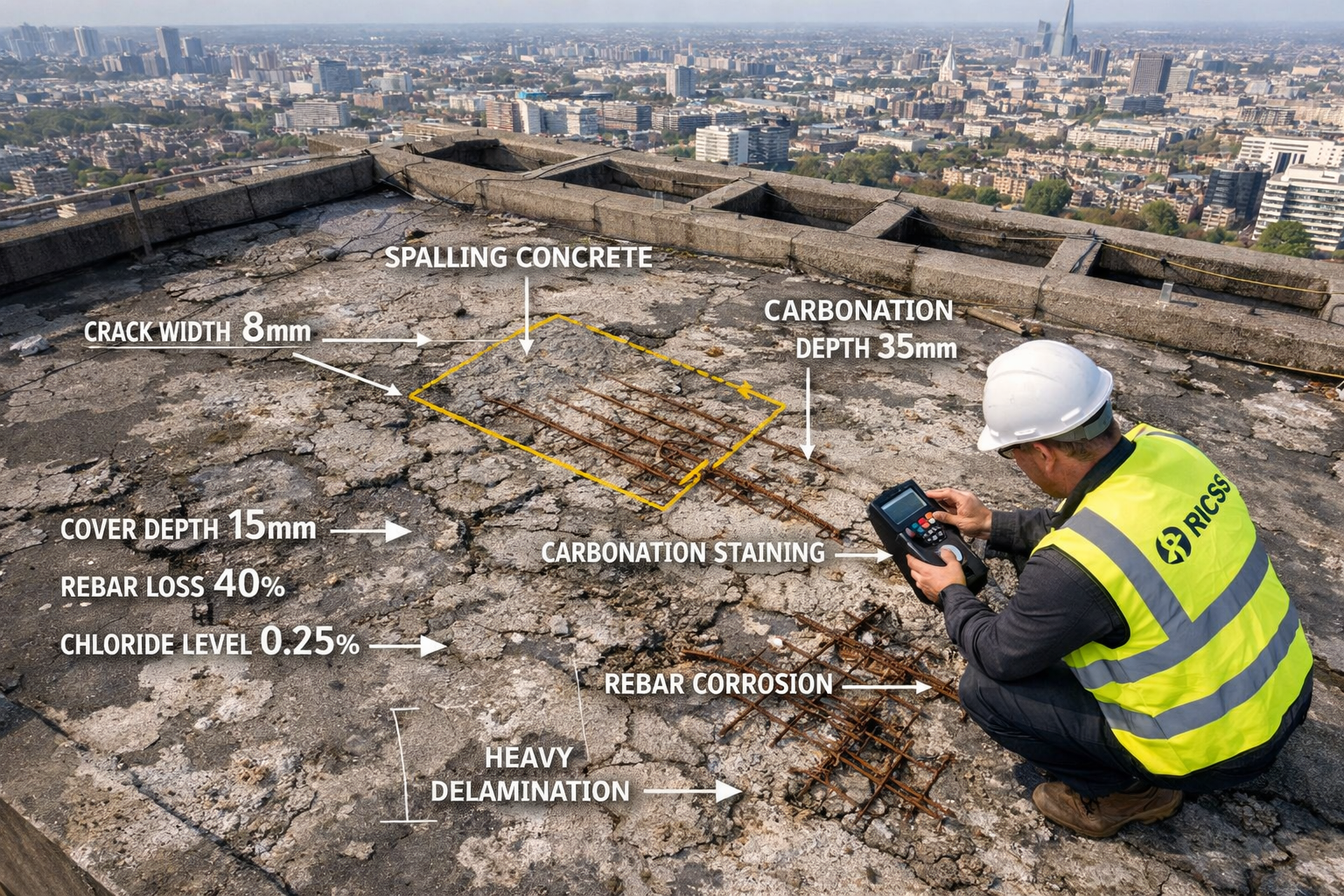 Wide aerial drone photograph looking down at the cracked and spalling concrete roof and upper floors of a 1970s London