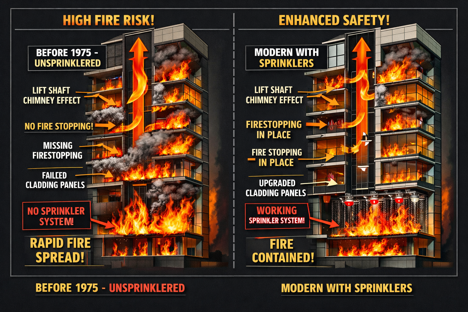 Dramatic interior cross-section infographic illustration of a 1970s high-rise building showing fire risk pathways: lift