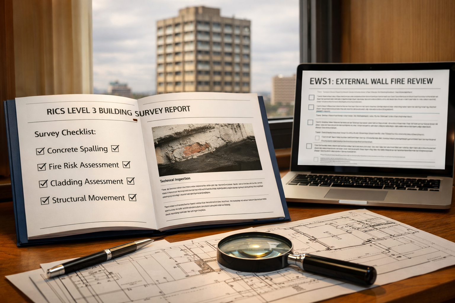 A professional RICS Level 3 building survey report spread open on a desk beside a laptop showing EWS1 form documentation,
