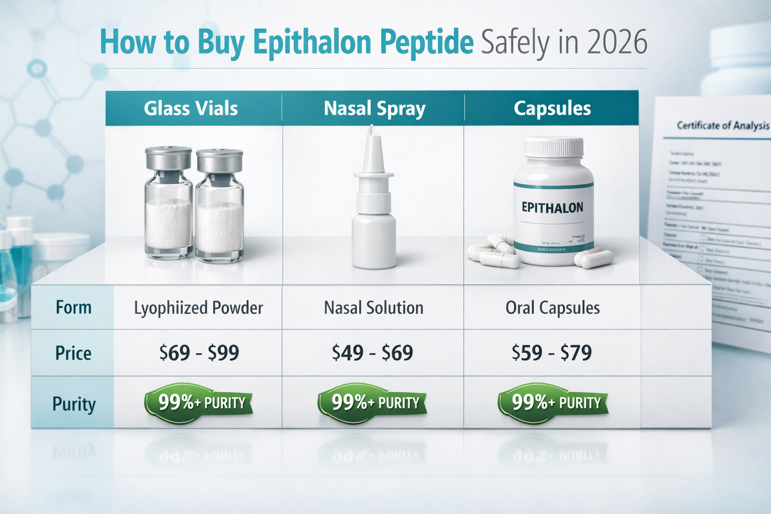 Detailed () informational graphic showing a side-by-side comparison table of epithalon peptide product forms — glass vials,