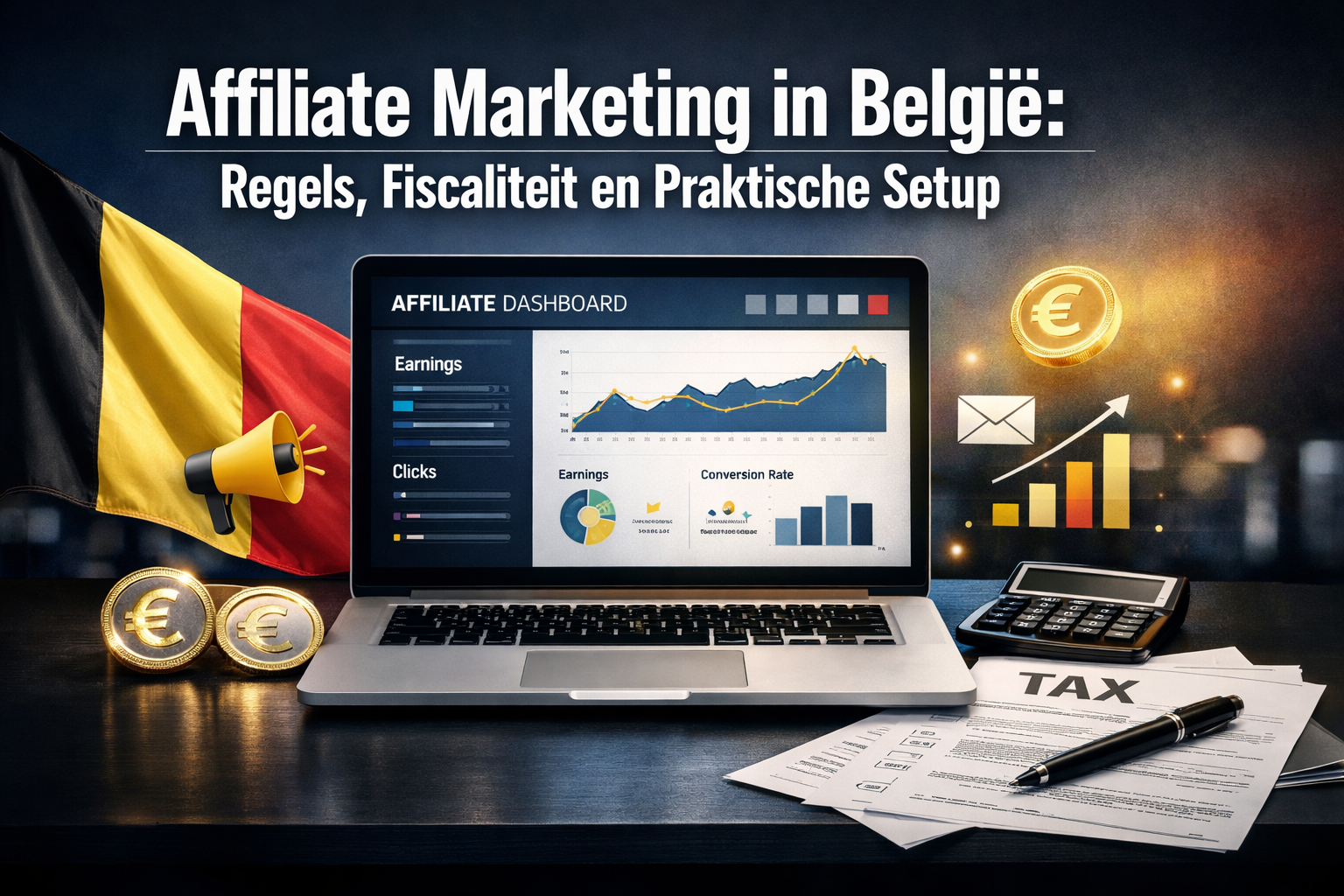 Professional landscape format (1536x1024) editorial hero image with bold text overlay 'Affiliate Marketing in België: Regels, Fiscaliteit en