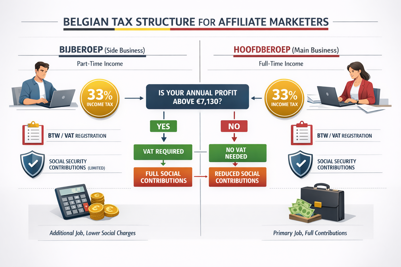 Landscape format (1536x1024) detailed infographic showing Belgian tax structure for affiliate marketers, split-screen comparison between bij