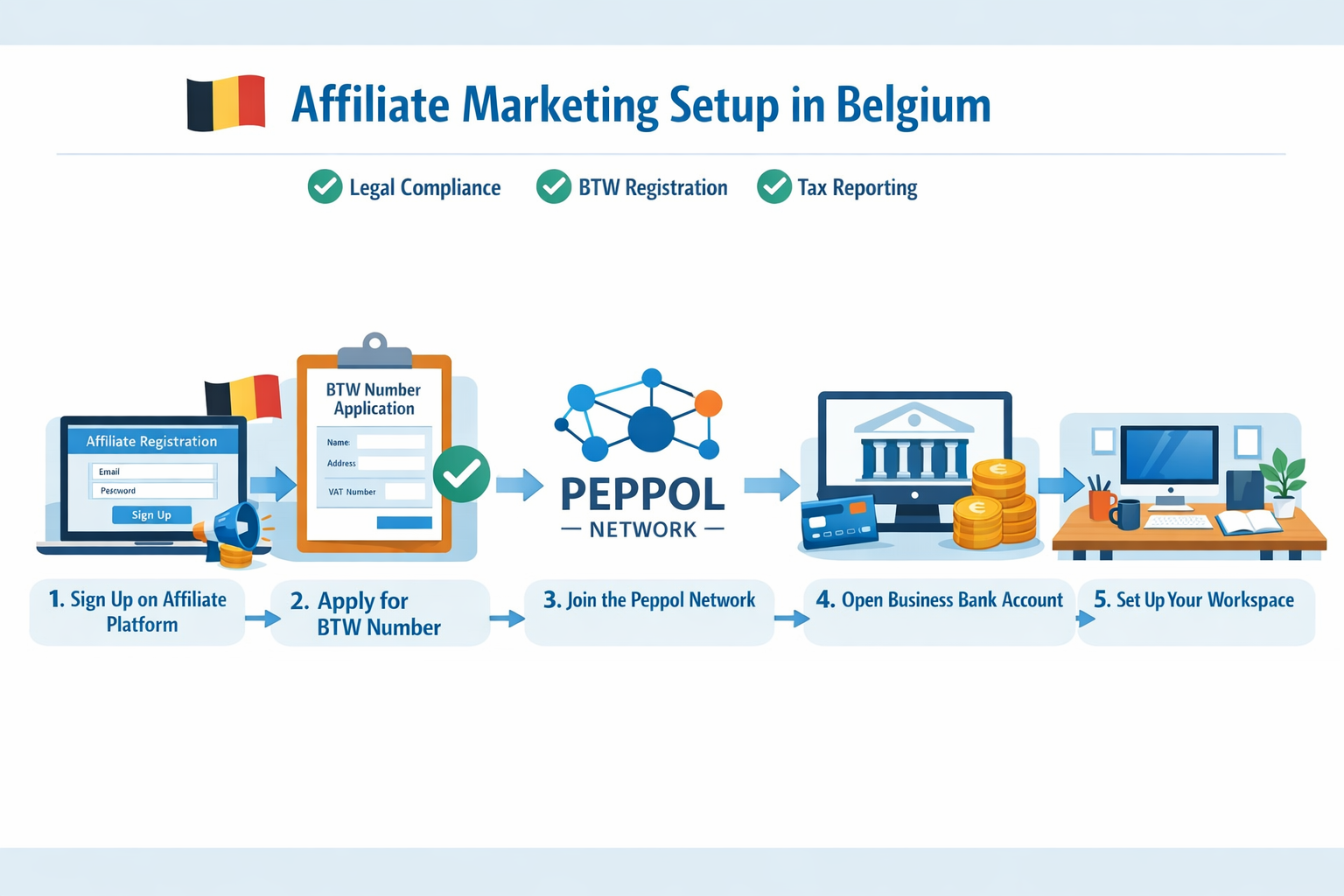 Landscape format (1536x1024) visual guide showing step-by-step affiliate marketing setup process in Belgium, numbered steps 1-5 with icons, 