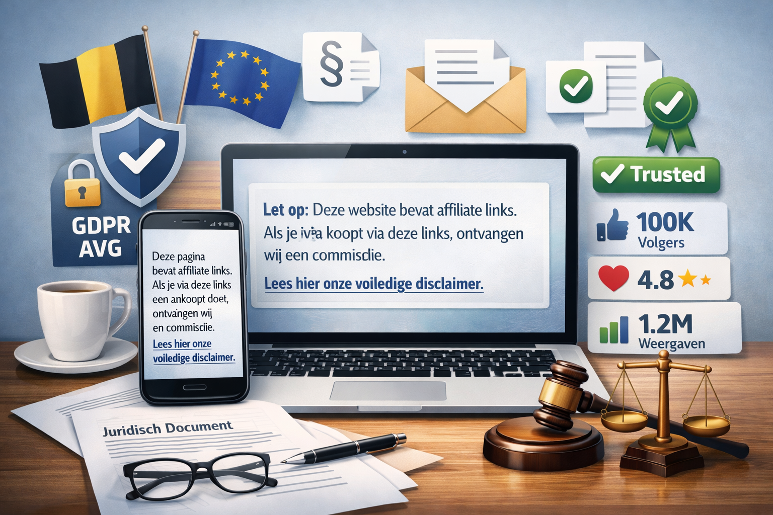 Landscape format (1536x1024) conceptual illustration of affiliate disclosure requirements and legal compliance, smartphone and laptop screen
