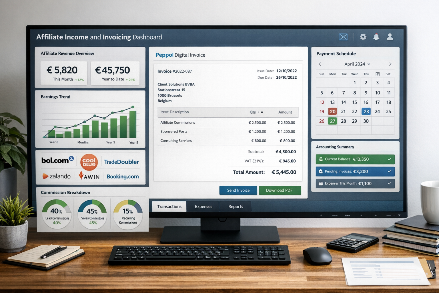 Landscape format (1536x1024) practical dashboard view showing affiliate income tracking and invoicing system, Peppol-compliant digital invoi