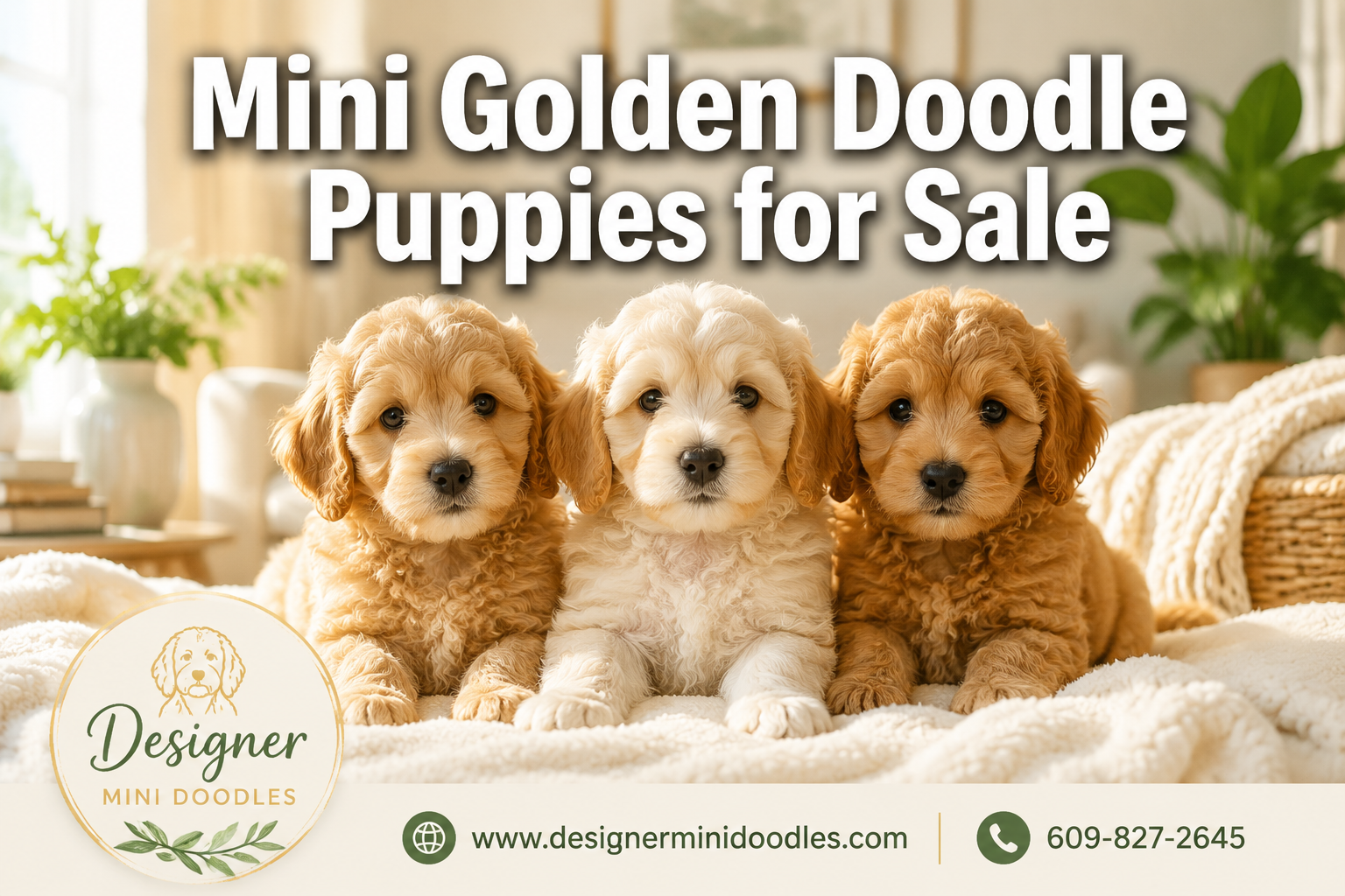 Professional () hero image featuring 'Mini Golden Doodle Puppies for Sale' in extra large white with dark effect, centered