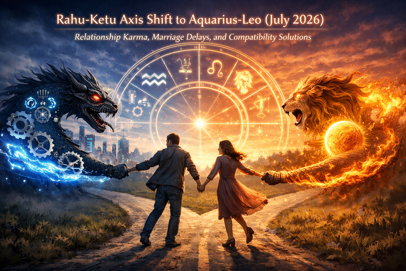 Landscape format (1536x1024) editorial image depicting a couple at a crossroads, with an ethereal representation of Rahu (dragon's head) pul