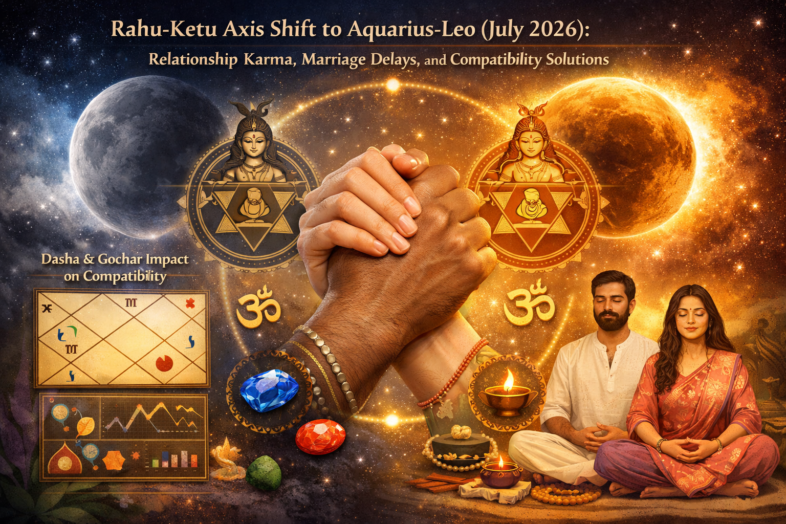 Landscape format (1536x1024) conceptual illustration focusing on compatibility solutions for relationships affected by the Rahu-Ketu axis sh