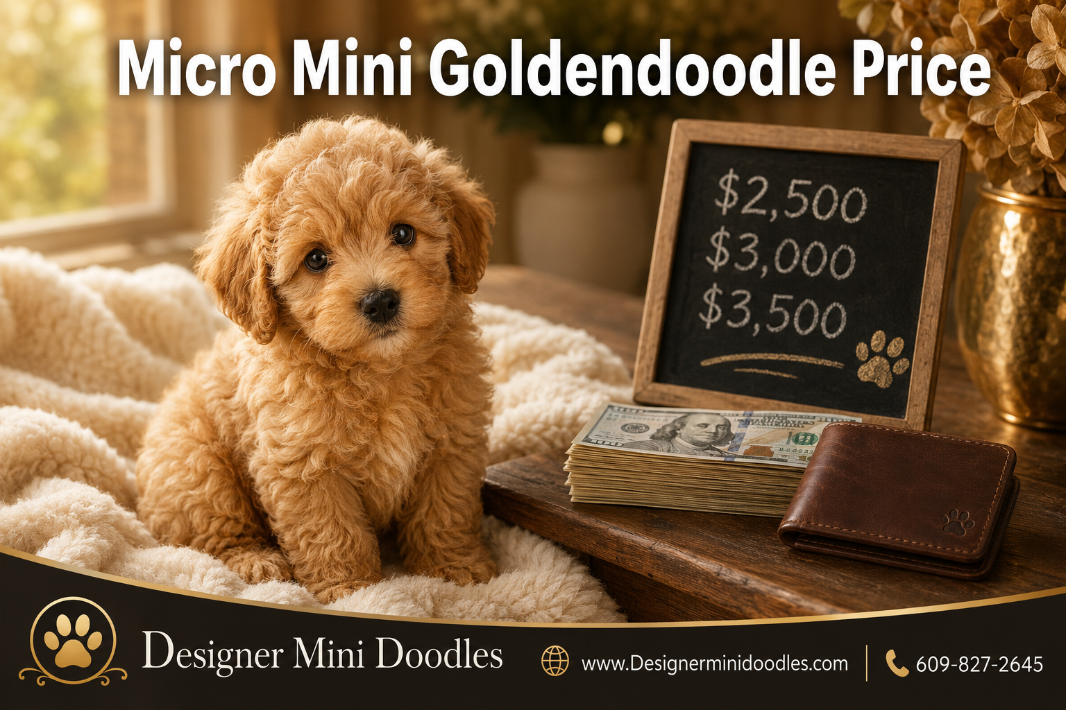 Professional () hero image with 'Micro Mini Goldendoodle Price' in white with subtle drop , centered in upper third.