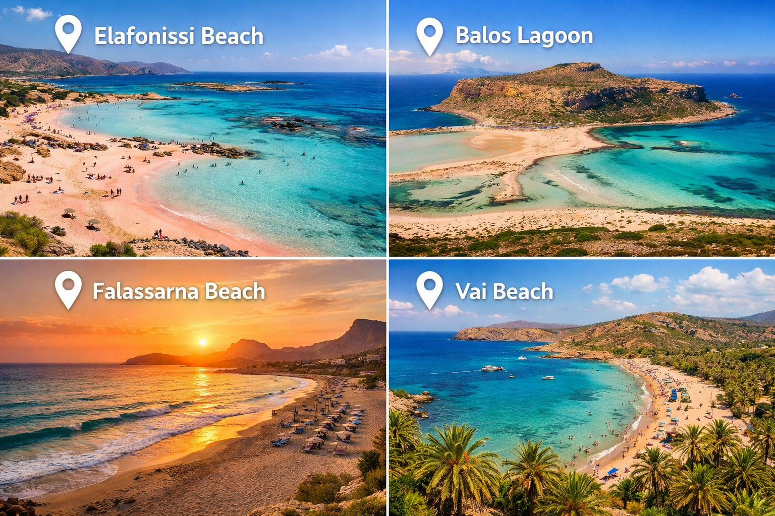 Detailed landscape image (1536x1024) showing a comprehensive visual guide to Crete's most beautiful beaches including Elafonissi pink sand b