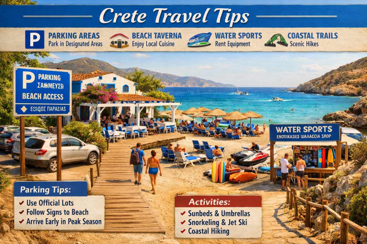 Professional landscape image (1536x1024) depicting practical beach travel elements for Crete visitors: organized parking areas near popular 