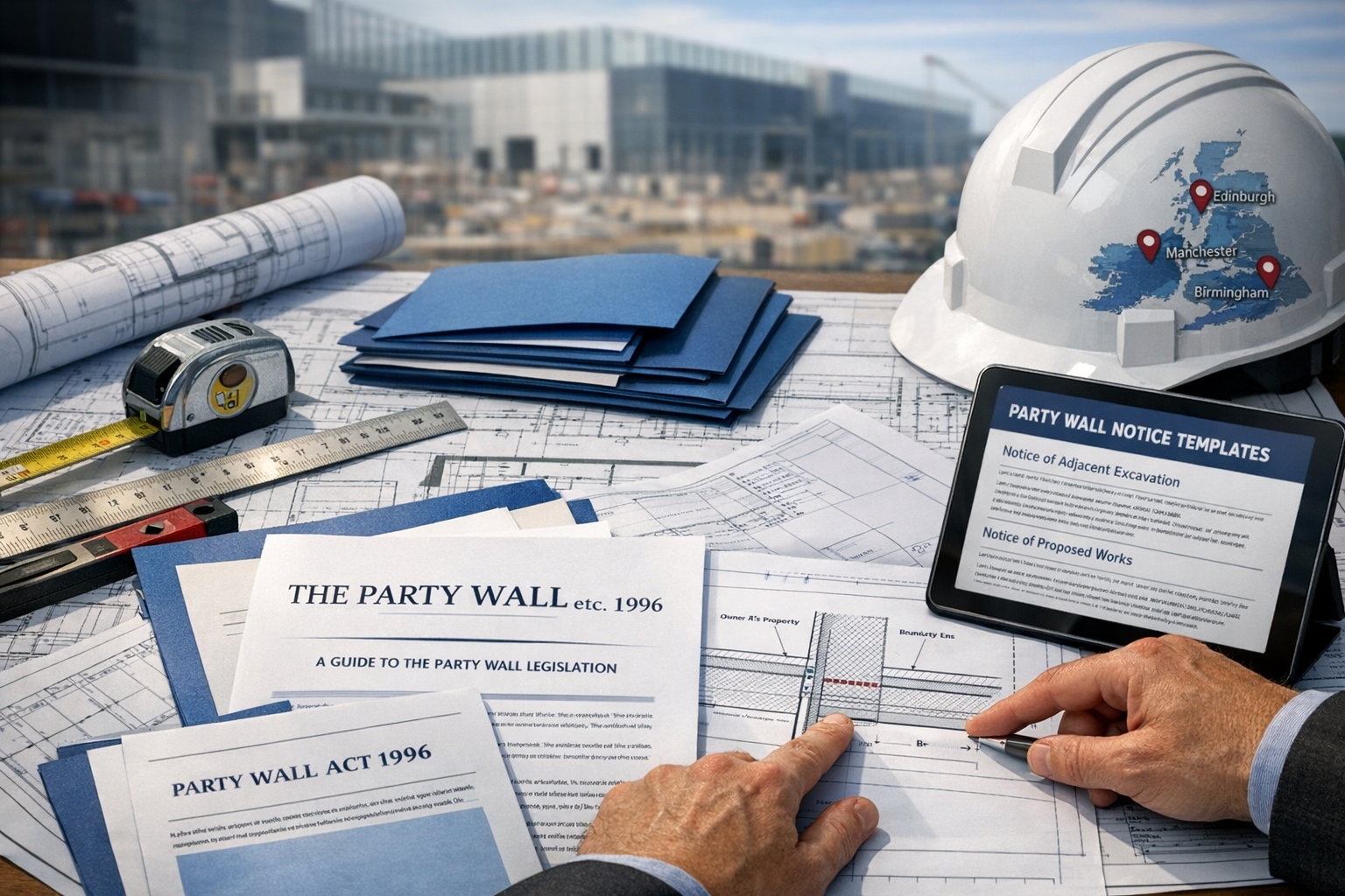 Detailed landscape format (1536x1024) editorial photograph showing close-up of Party Wall Act 1996 legal documentation spread across archite
