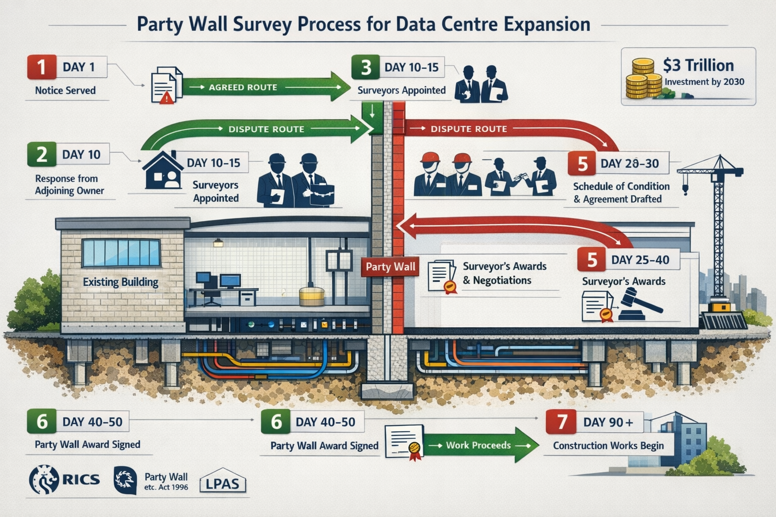 Detailed landscape format (1536x1024) infographic-style illustration showing timeline flowchart of party wall survey process for data centre