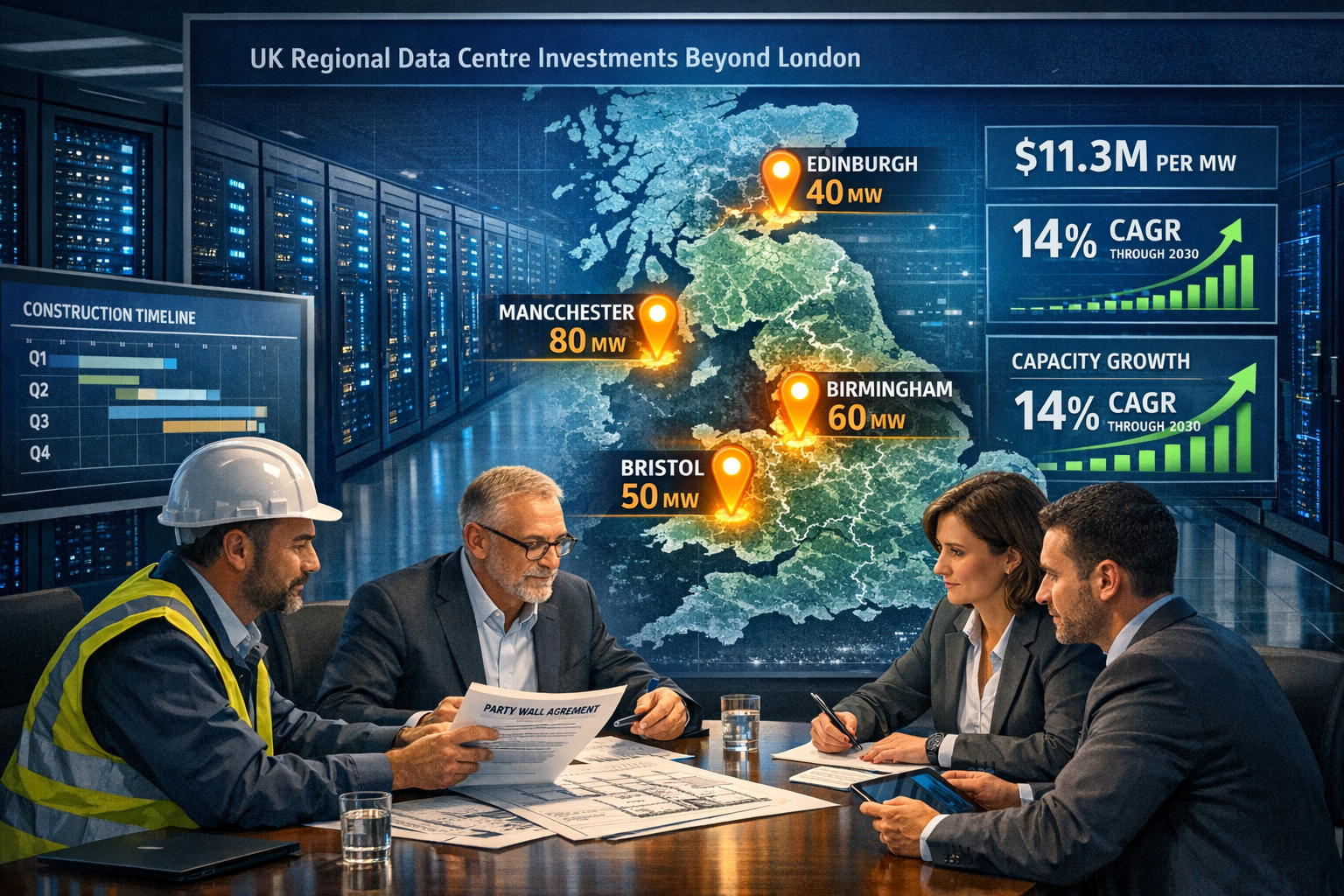 Detailed landscape format (1536x1024) composite image showing UK regional data centre investment map with highlighted zones beyond London: M