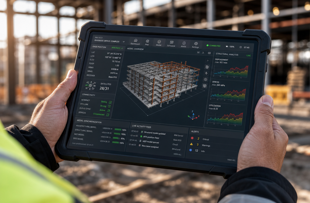() close-up of a professional surveyor's hands holding a ruggedized tablet displaying a live BIM dashboard with real-time