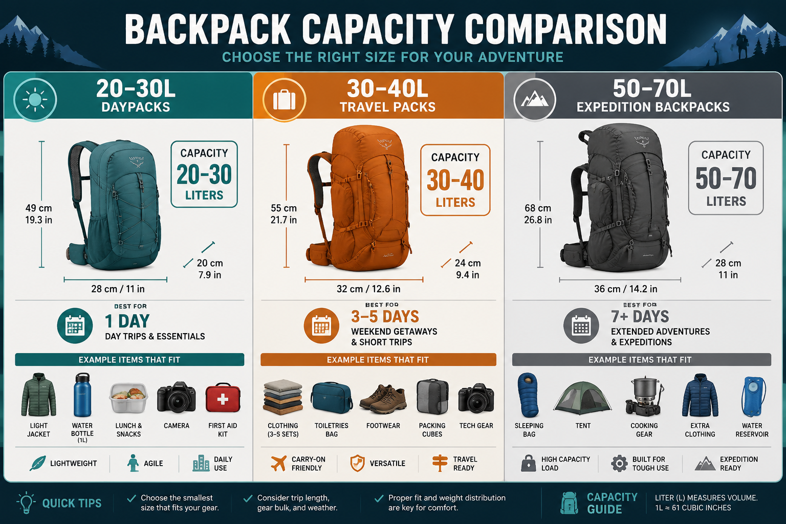 () detailed comparison chart showing three distinct backpack capacity ranges: 20-30L daypacks, 30-40L travel packs, and