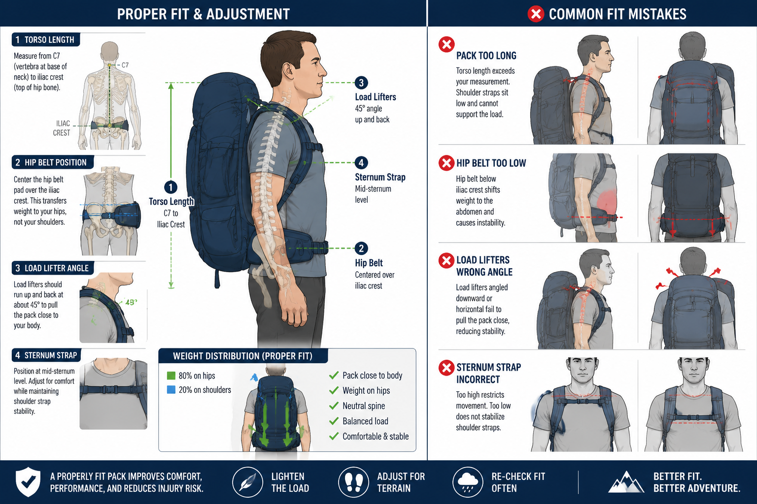 () anatomical diagram of backpack fit and features showing torso length measurement on human figure, hip belt positioning at