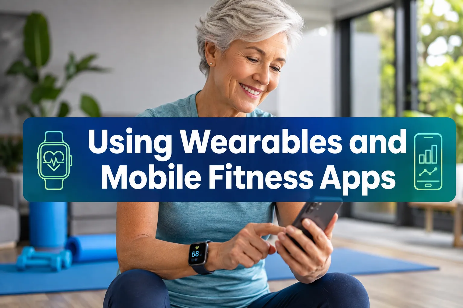 Professional landscape hero image () with a reading "Using Wearables and Mobile Fitness Apps". CRITICAL TYPOGRAPHY RULES:
