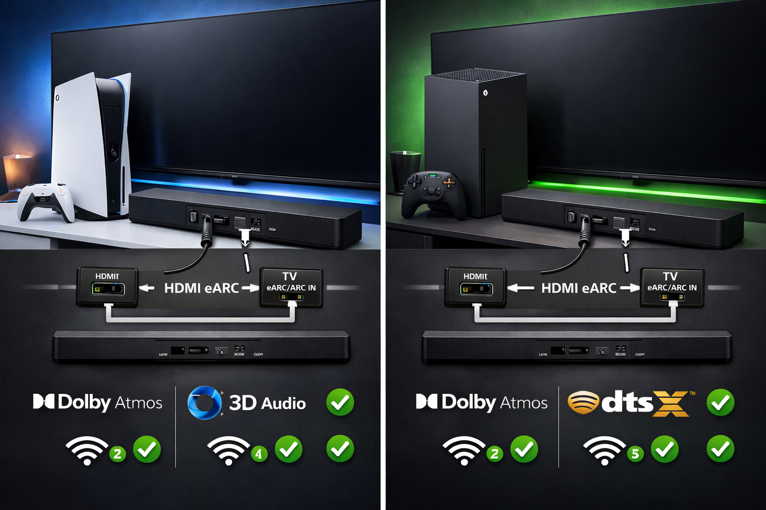 Landscape format (1536x1024) split-screen composition showing PlayStation 5 and Xbox Series X consoles connected to premium soundbars via HD