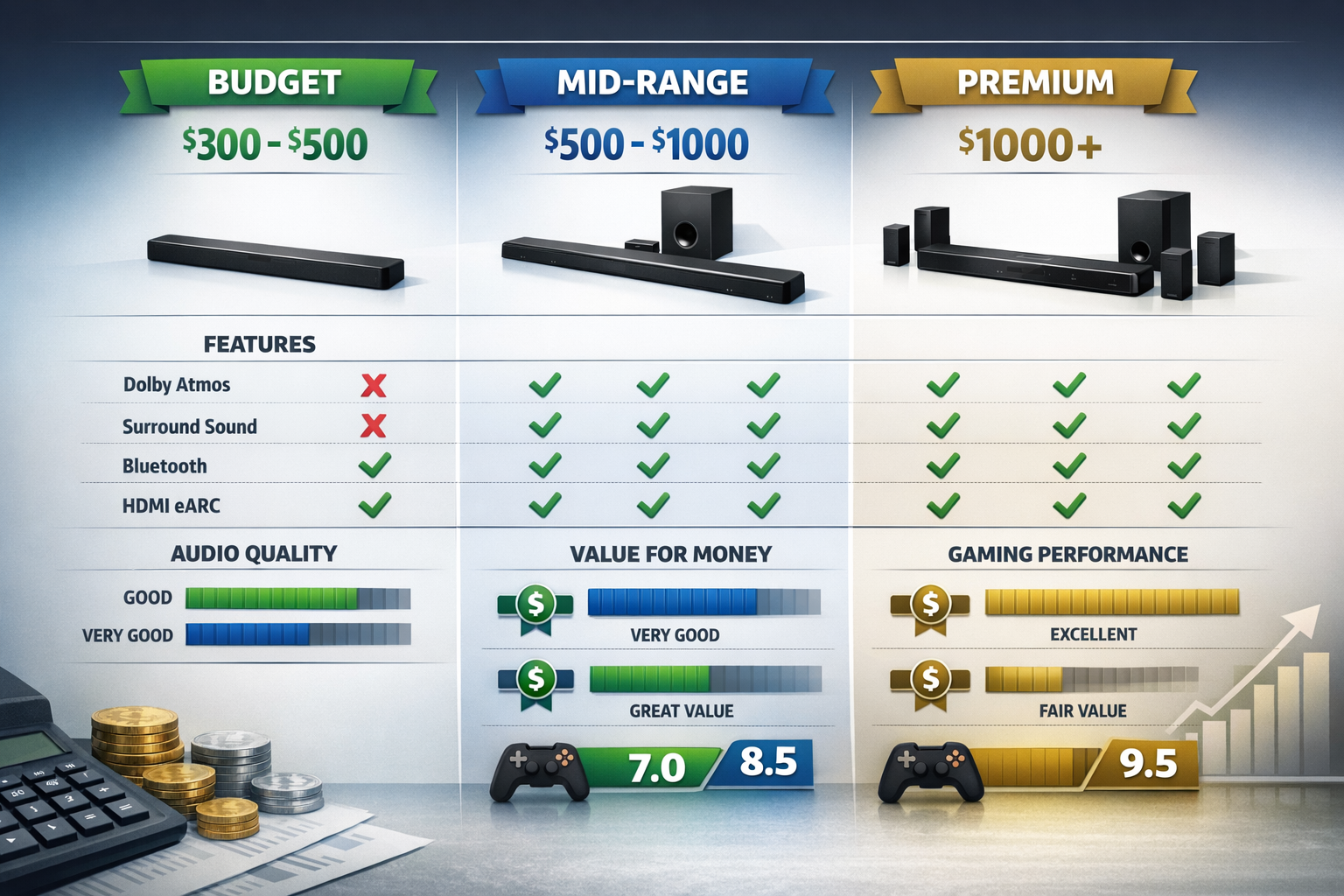 Landscape format (1536x1024) budget tier comparison infographic displaying three price categories with representative soundbar models, price