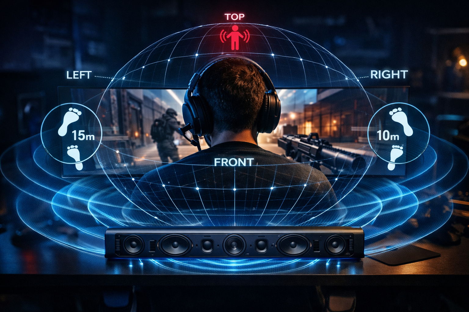 Landscape format (1536x1024) immersive gaming scene showing competitive FPS player wearing headset in front of curved ultrawide monitor, pre