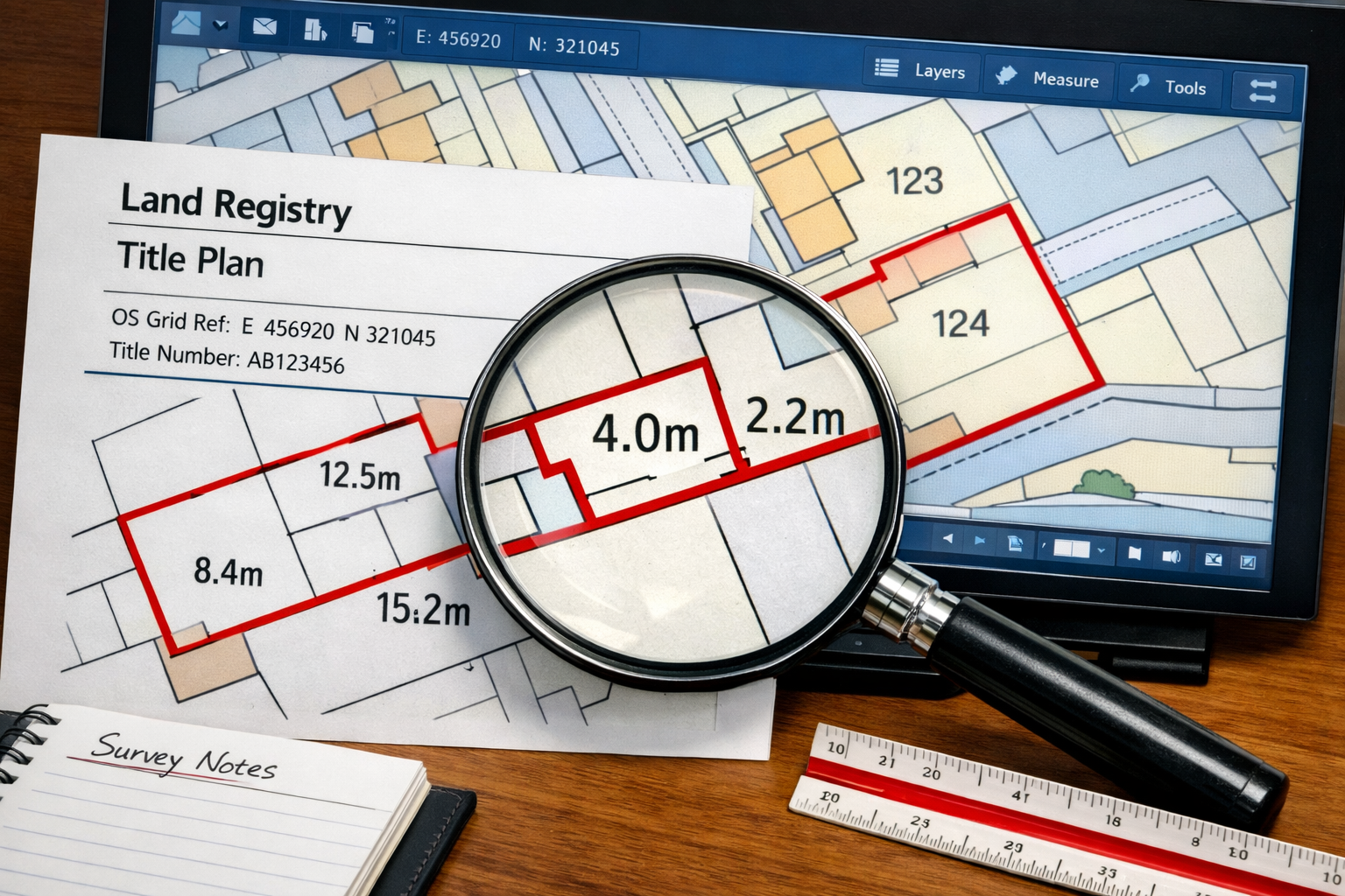 Detailed () image showing close-up of Land Registry title plan document with highlighted boundary measurements overlaid on