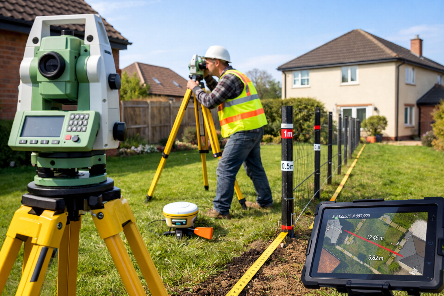 () image depicting outdoor site survey scene with professional surveyor operating total station equipment mounted on yellow