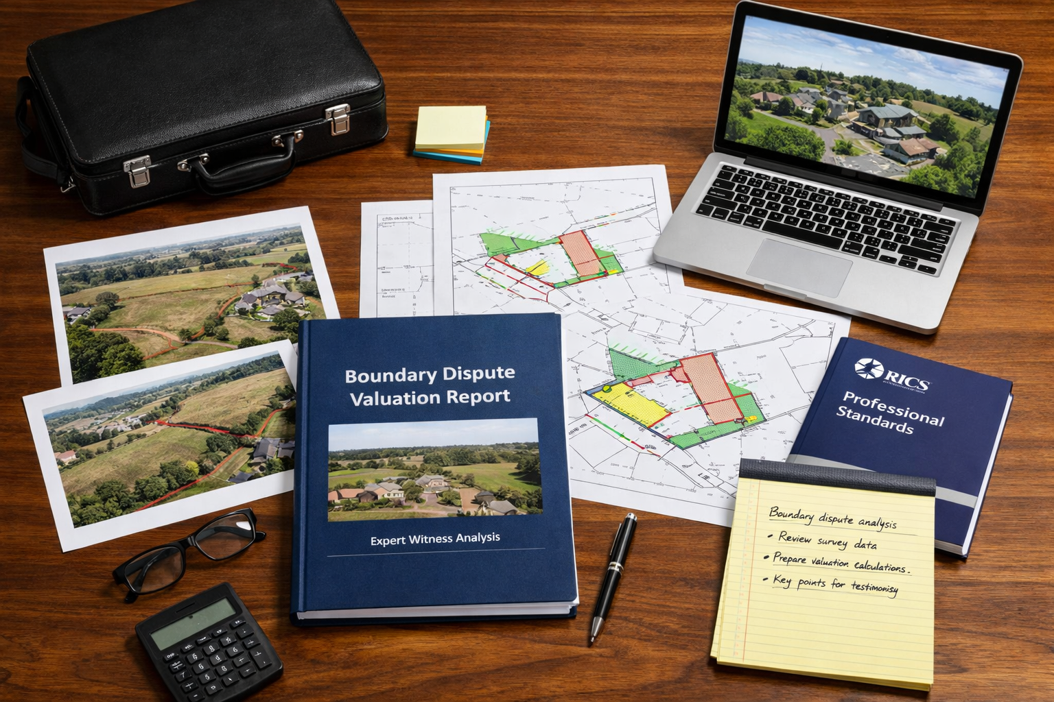 () image showing courtroom preparation scene with expert witness materials spread across conference table. Visual elements