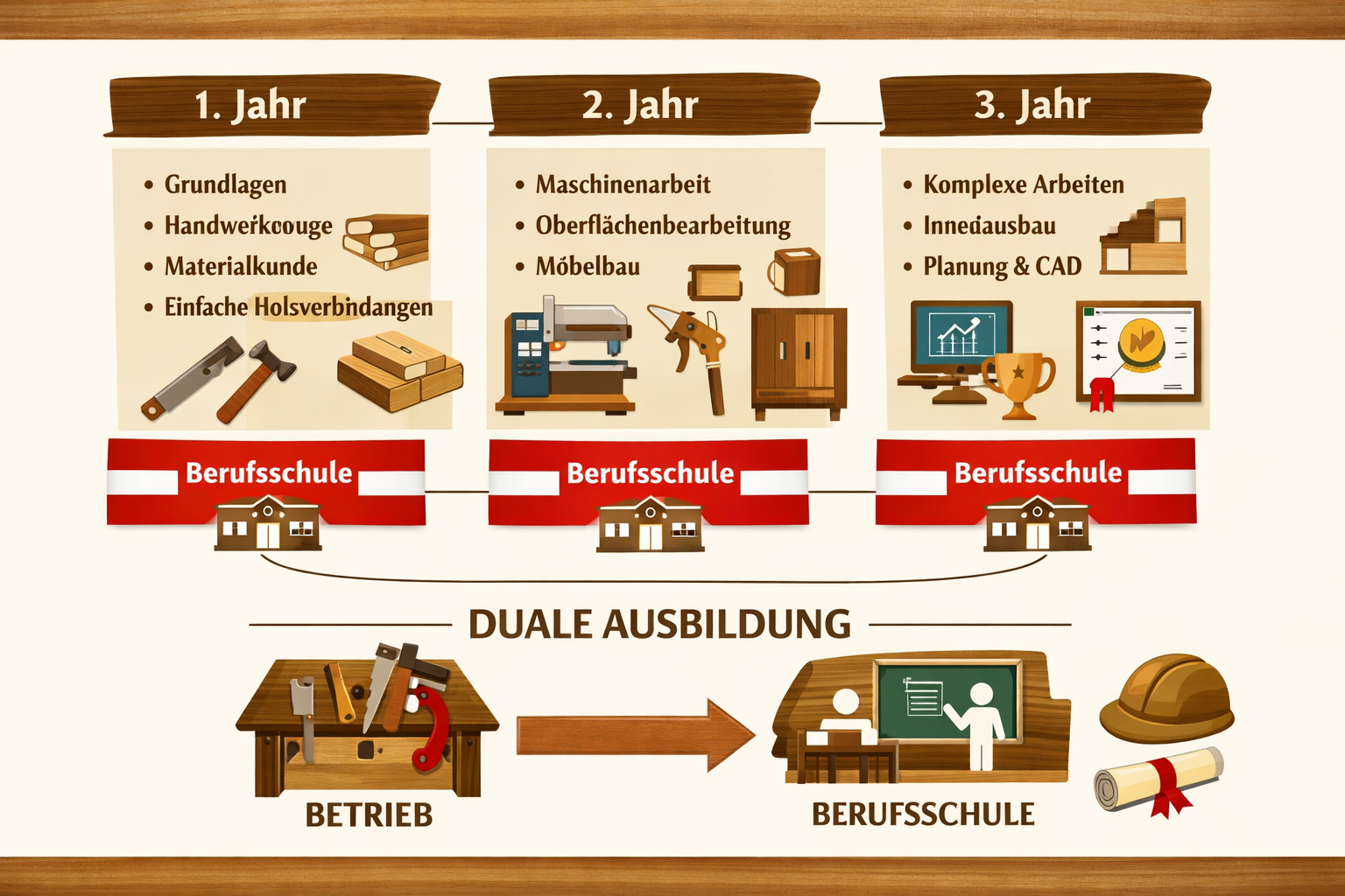 write no text on the images. Landscape format (1536x1024) detailed infographic showing the complete structure of Tischler Lehre in Austria w