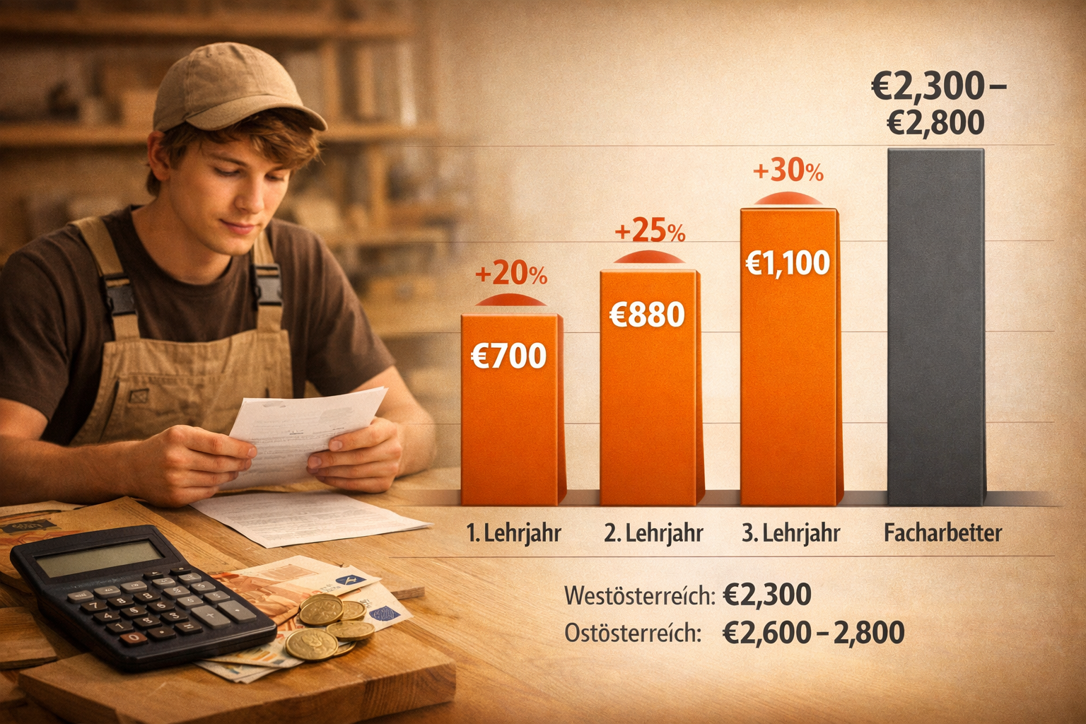 write no text on the images. Landscape format (1536x1024) professional composition showing salary progression chart for Tischler apprentices