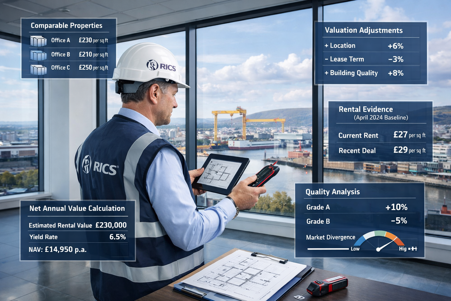 Detailed () image depicting RICS surveyor conducting property valuation assessment in modern Belfast office building. Scene
