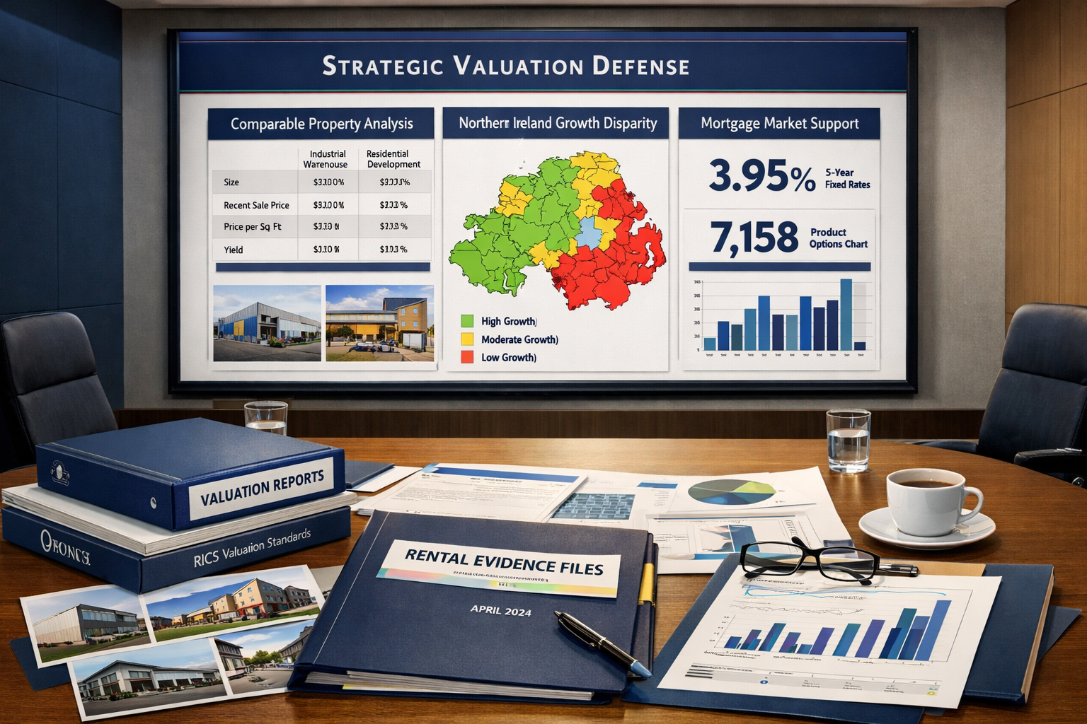 Detailed () image showing strategic valuation defense presentation setup. Conference room scene with large display screen