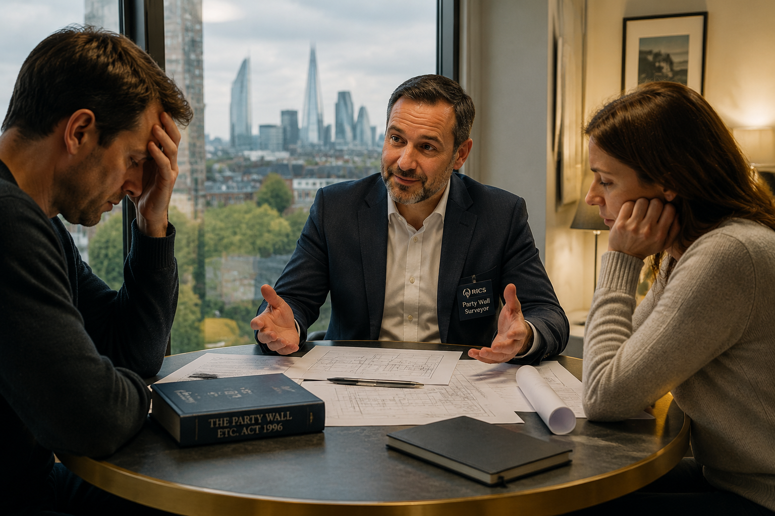 Wide-angle editorial photograph showing a party wall surveyor seated at a round table with two visibly stressed homeowners