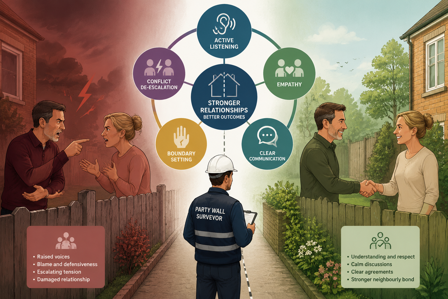 Split-composition infographic-style illustration showing five emotional intelligence competencies as interconnected circles: