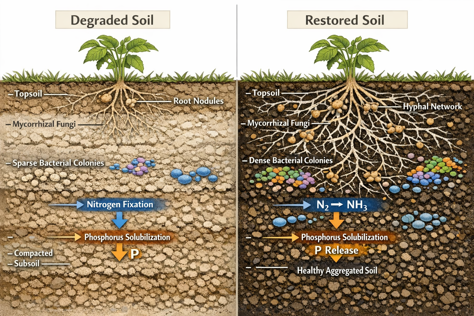 Detailed landscape format (1536x1024) illustration showing soil microbial diversity cross-section with labeled components: mycorrhizal fungi