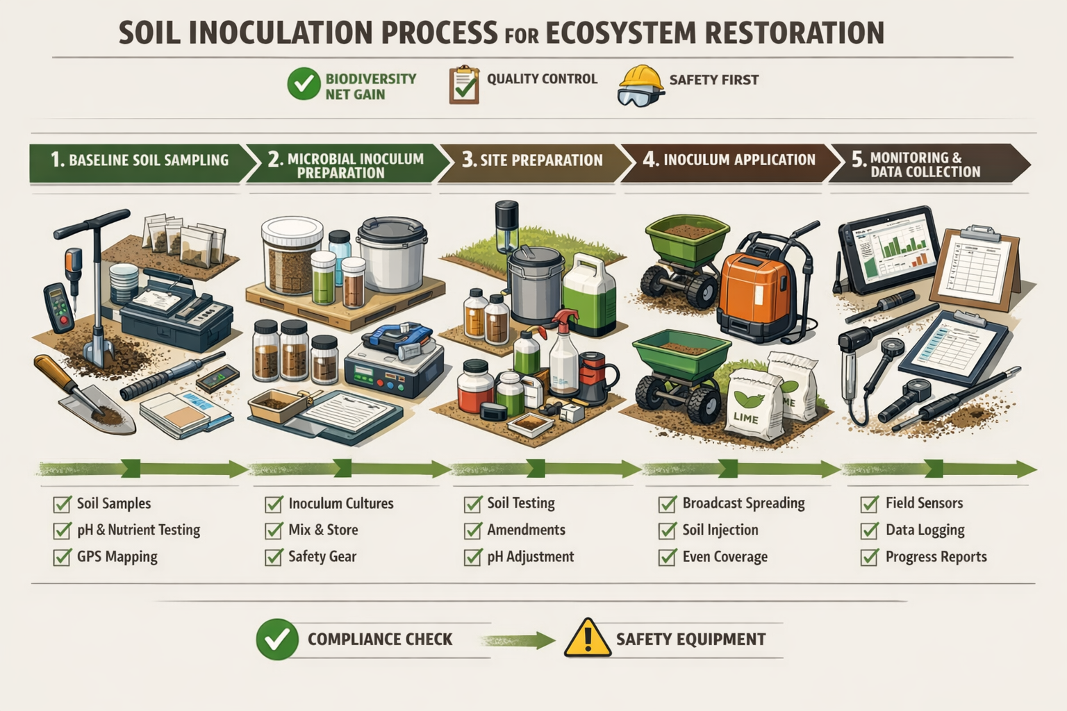 Detailed landscape format (1536x1024) field protocol workflow infographic showing step-by-step soil inoculation process for ecosystem restor