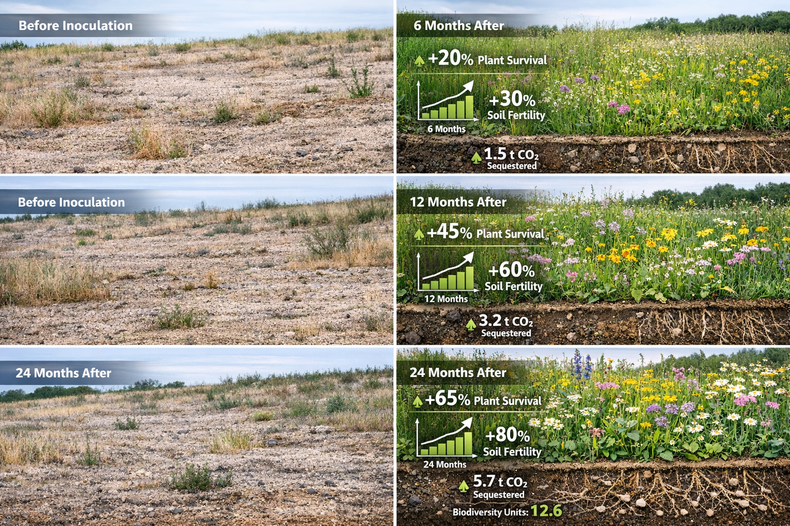 Detailed landscape format (1536x1024) comparative results visualization showing biodiversity net gain outcomes from soil inoculation project