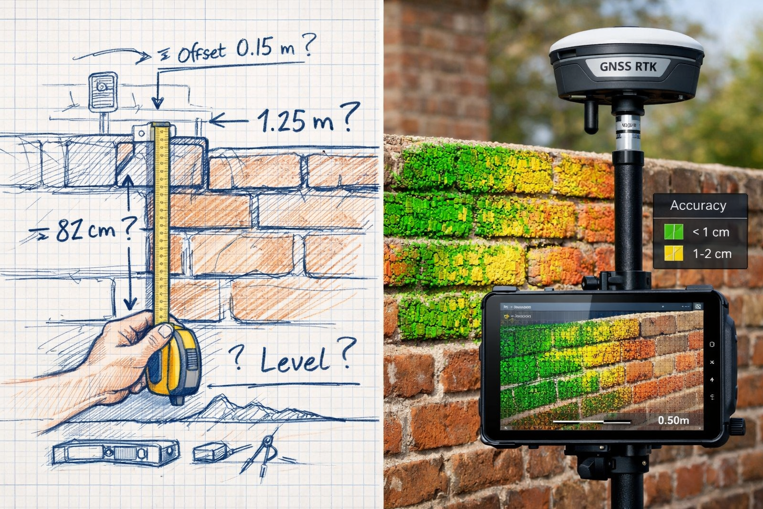 Detailed () image showing close-up comparison of traditional measuring tape against modern GNSS RTK receiver mounted on