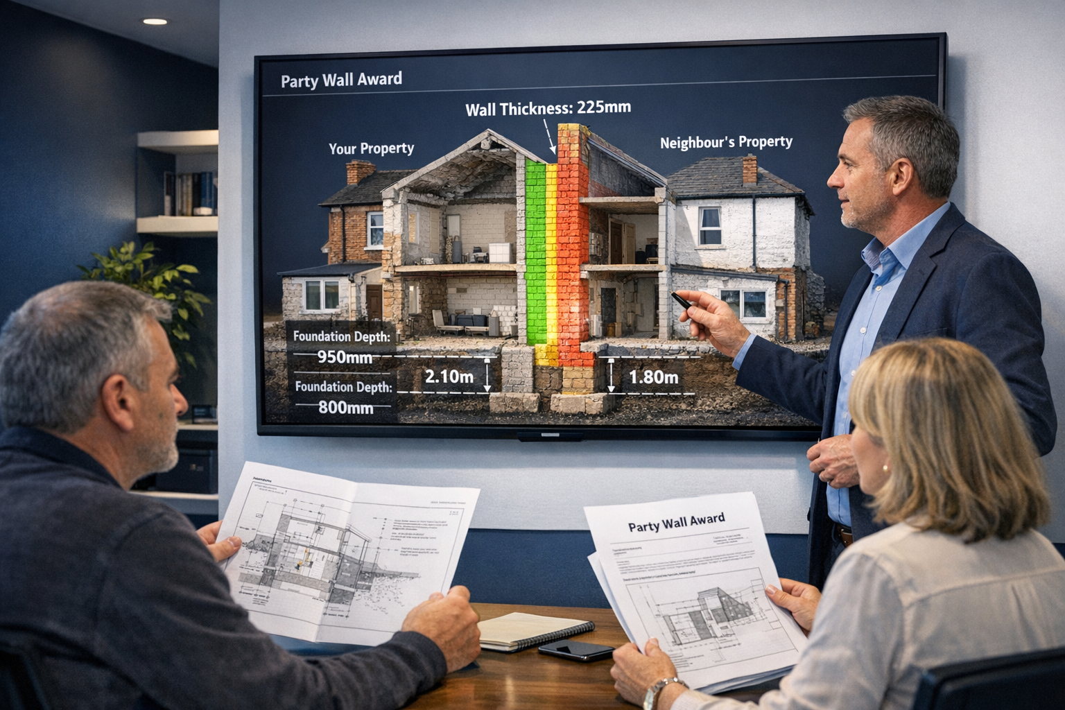 Detailed () image depicting indoor scene of party wall surveyor presenting large wall-mounted monitor displaying interactive