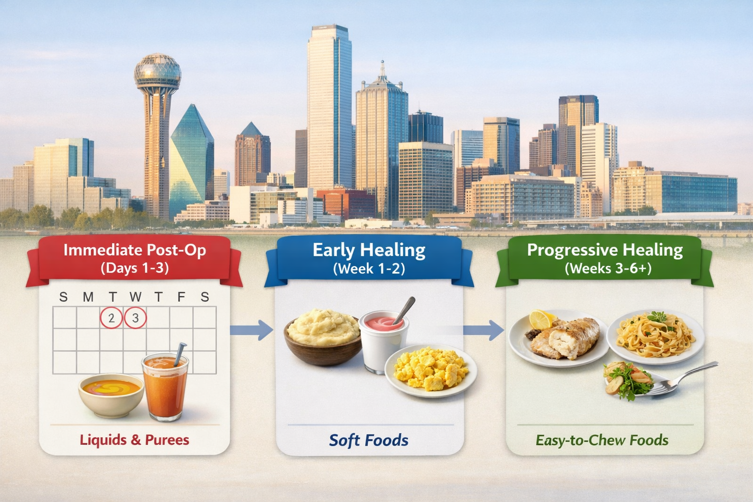 () image showcasing a visual timeline or infographic. On the left, a calendar highlighting 'Immediate Post-Op (Days 1-3)'