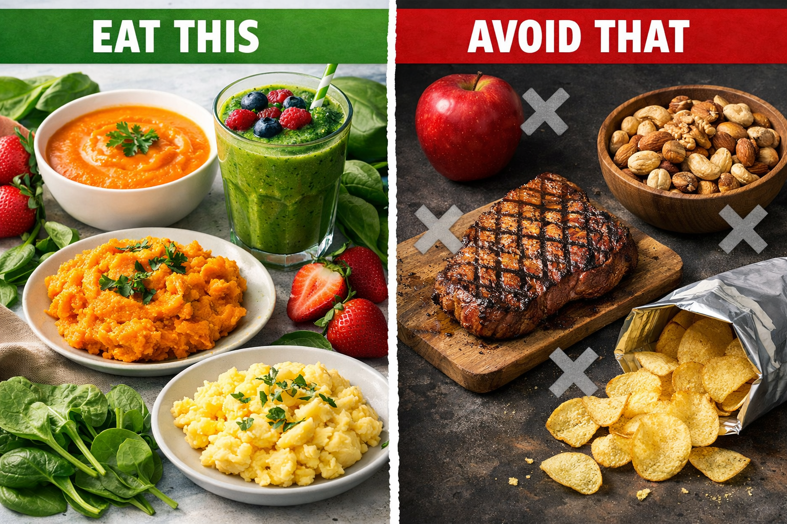 Detailed () image illustrating a vibrant array of 'Eat This' foods and a contrasting, visually stark depiction of 'Avoid
