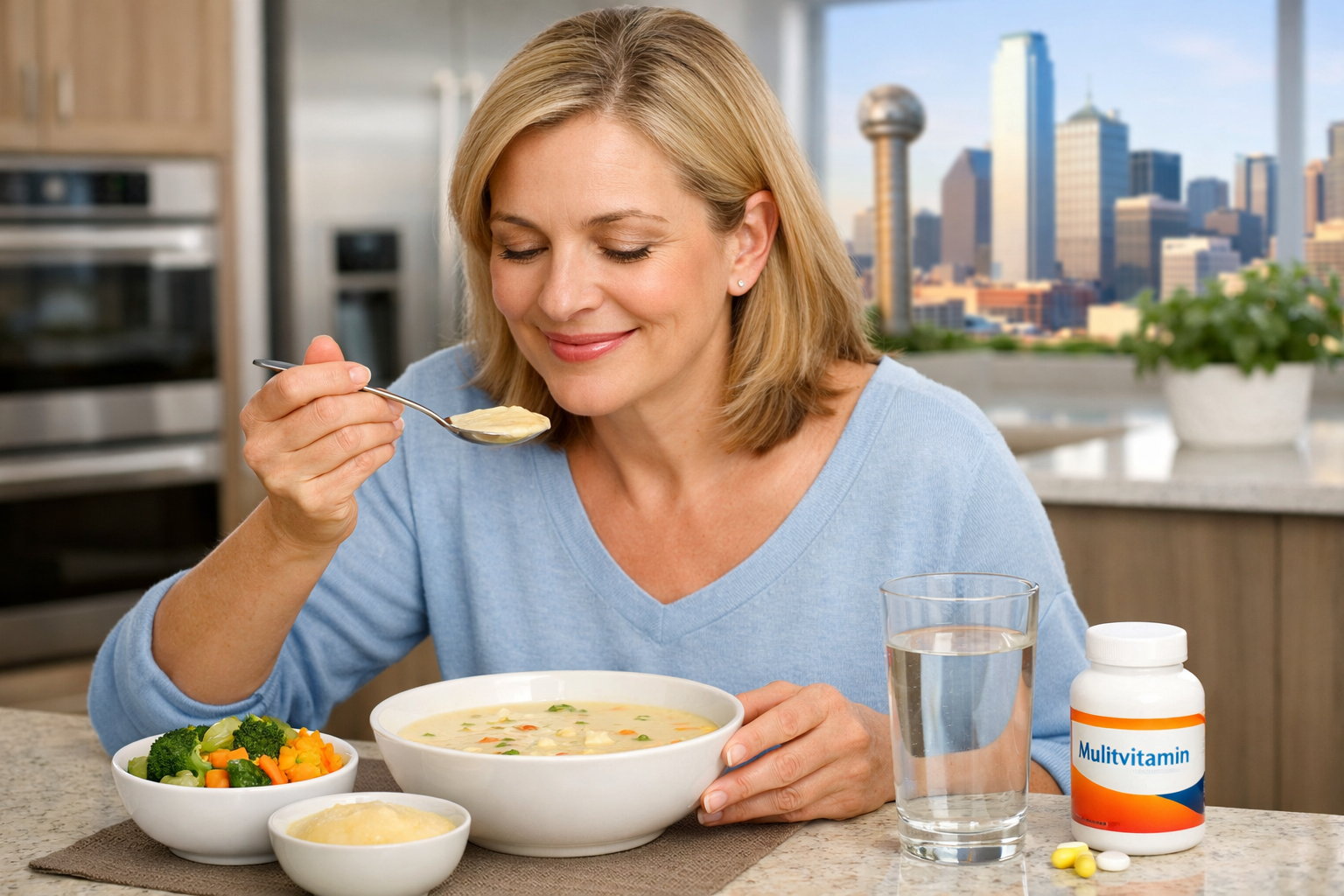 () image depicting a person comfortably enjoying a soft meal in a modern Dallas kitchen, with a focus on nutrient-rich foods