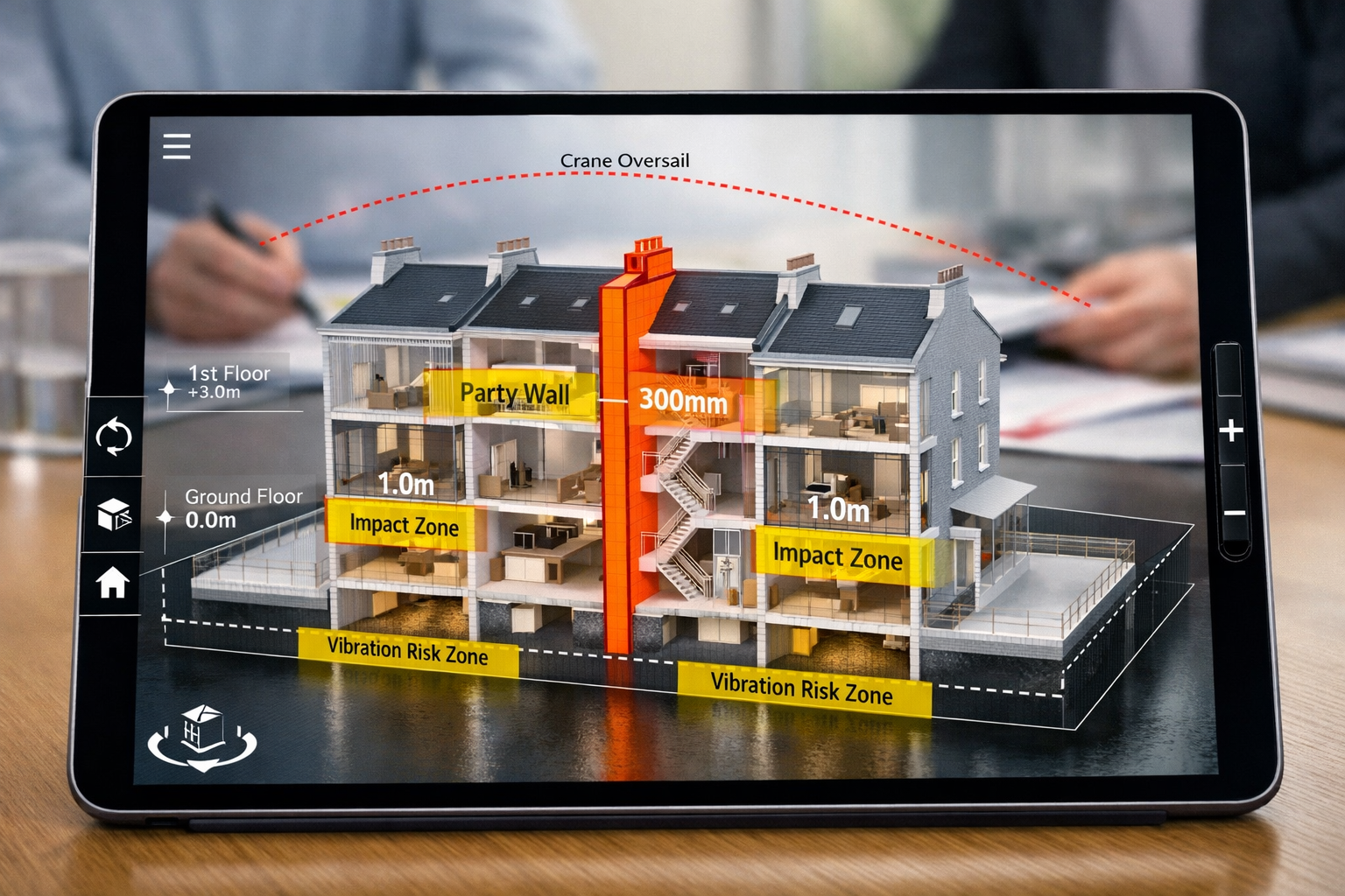 Detailed () editorial image showing close-up of modern tablet screen displaying interactive 3D architectural model of