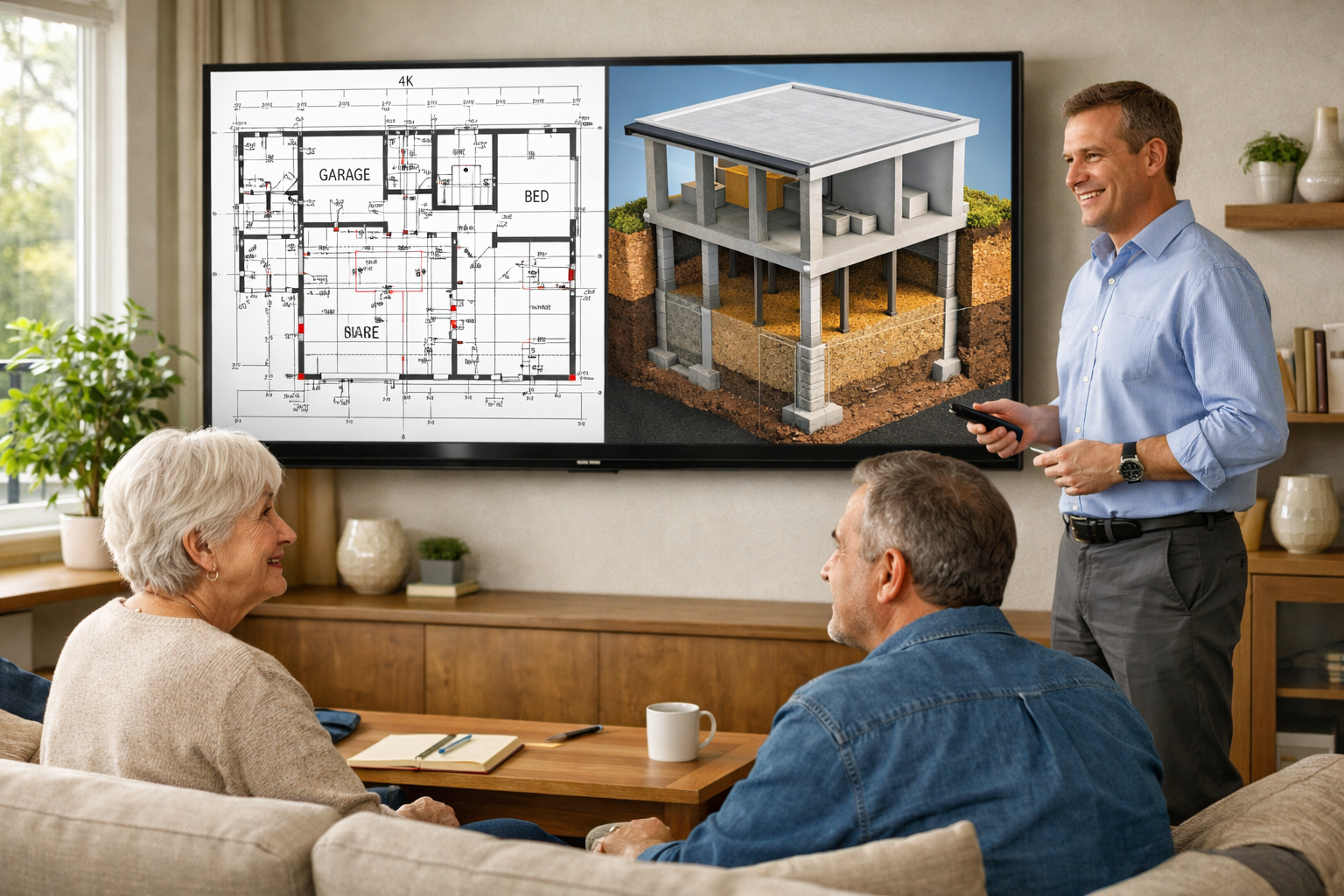 Detailed () professional photograph of neighbour consultation meeting in modern bright living room. Large wall-mounted 4K