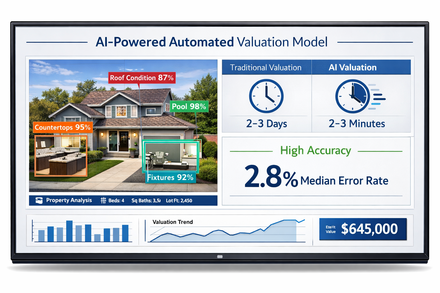 () detailed illustration showing AI-powered automated valuation model dashboard on large screen display. Screen shows