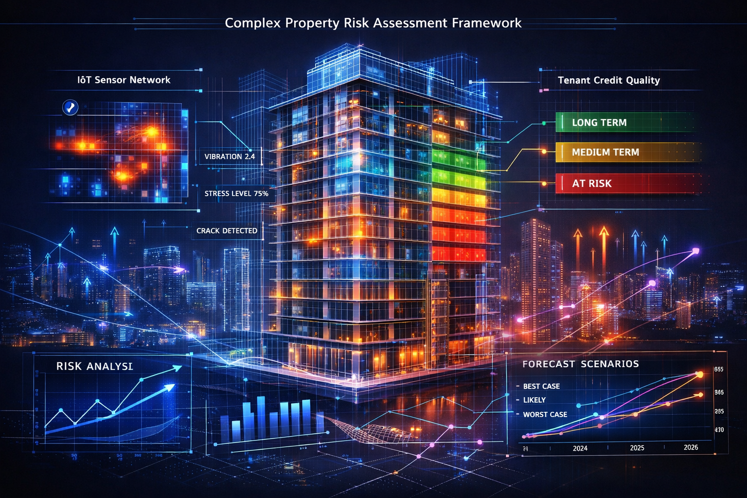 () conceptual illustration of complex property risk assessment framework. Central image shows cross-section view of