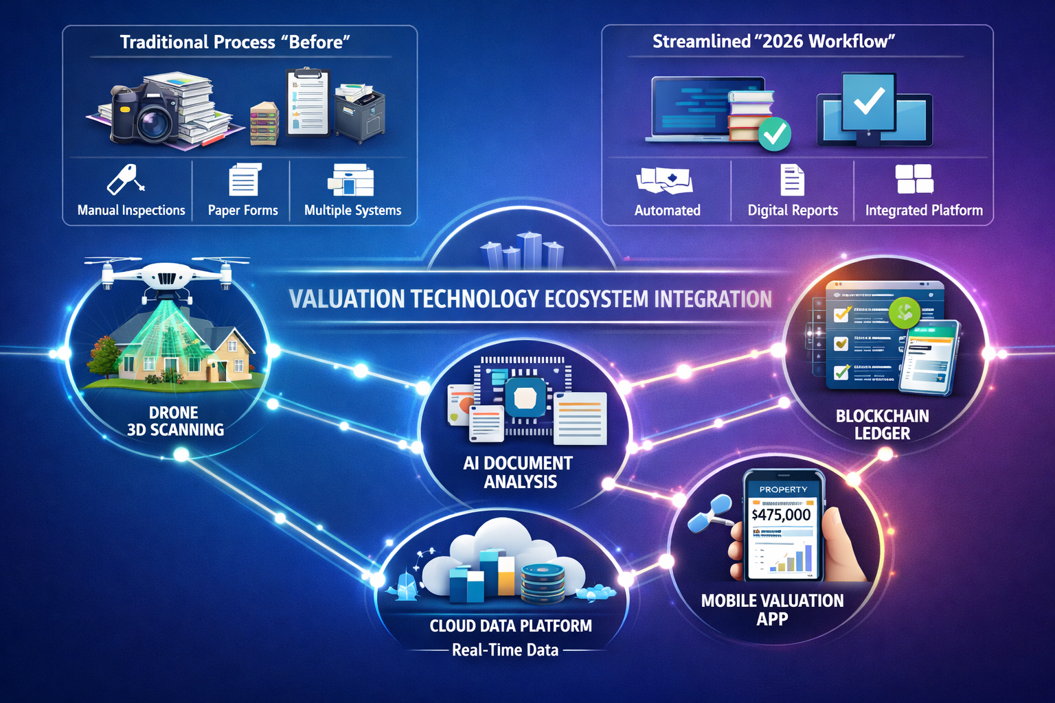 () workflow diagram showing modern valuation technology ecosystem integration. Visual depicts interconnected nodes