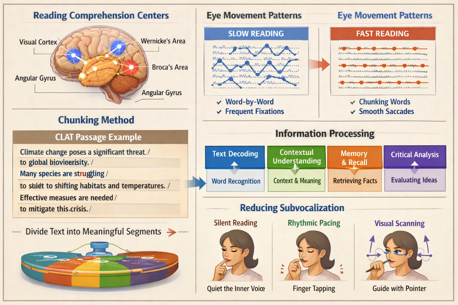 Detailed infographic illustration showing human brain with highlighted reading comprehension centers, neural pathways lighting up during act