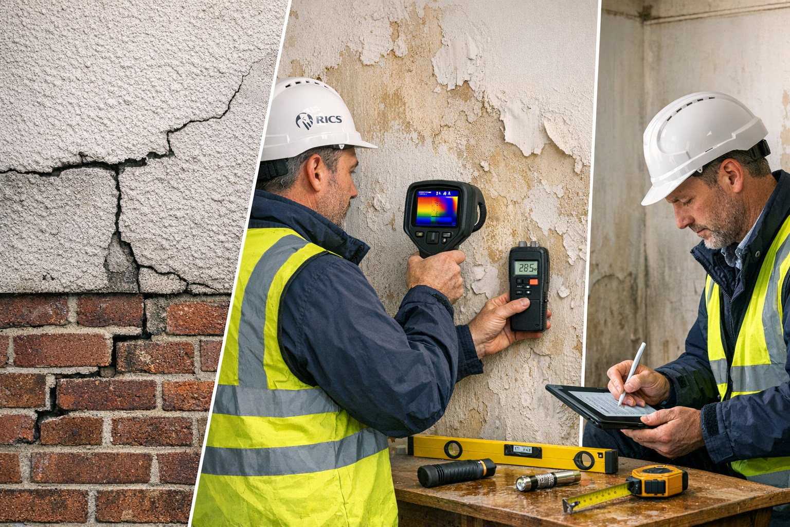 Detailed landscape format (1536x1024) image depicting council house structural defect identification scene. RICS chartered surveyor using th